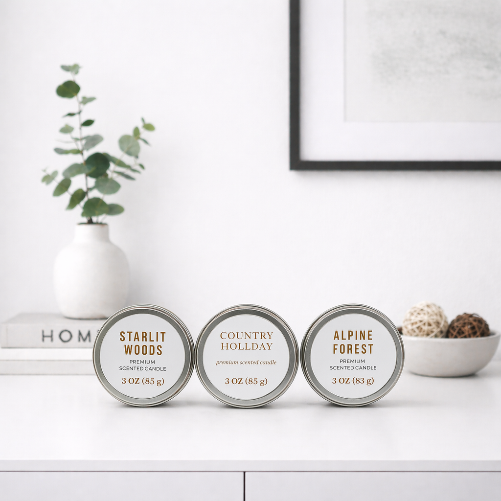 Gold Leaves Scented Candle Gift Set | Starlit Woods, Country Holiday, Alpine Forest