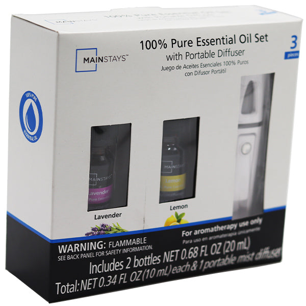 Mainstays 100% Pure Essential Oil Diffuser 3 Piece Set with Lavender & Lemon Oil