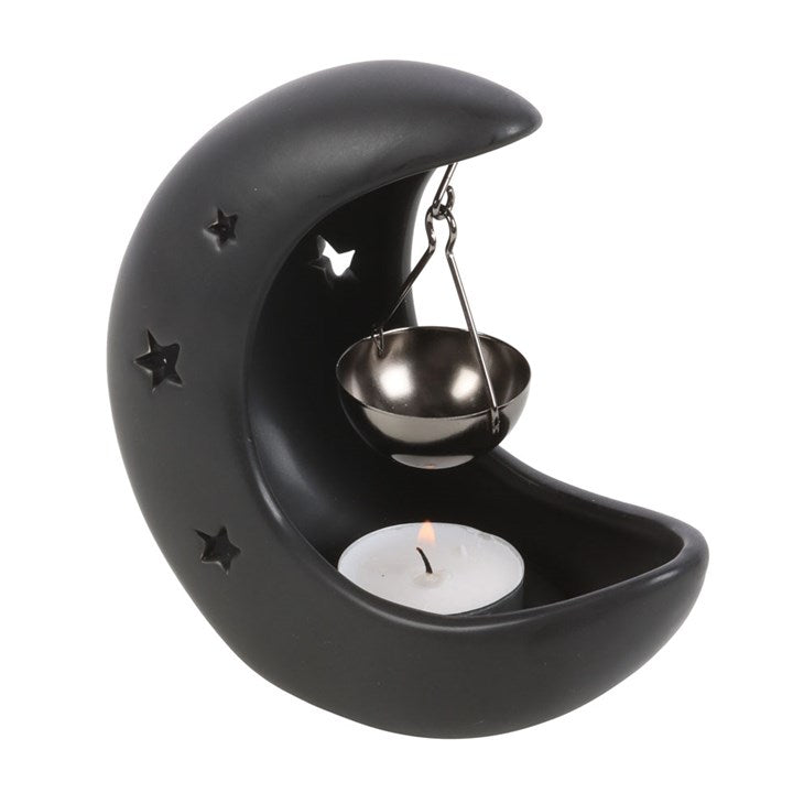 Black Crescent Moon Oil Burner with Hanging Dish | Celestial Aromatherapy Burner