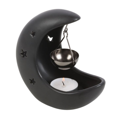 Black Crescent Moon Oil Burner with Hanging Dish | Celestial Aromatherapy Burner