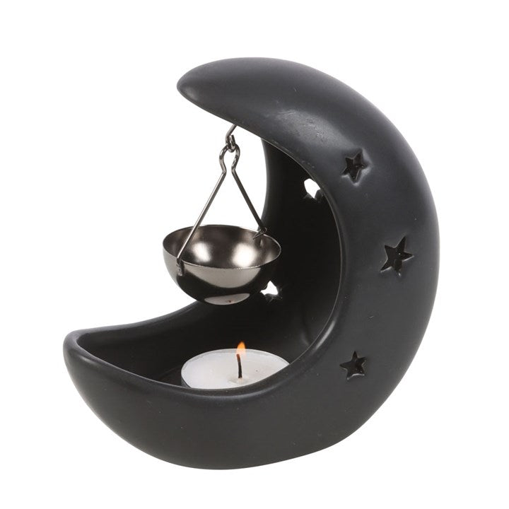Black Crescent Moon Oil Burner with Hanging Dish | Celestial Aromatherapy Burner
