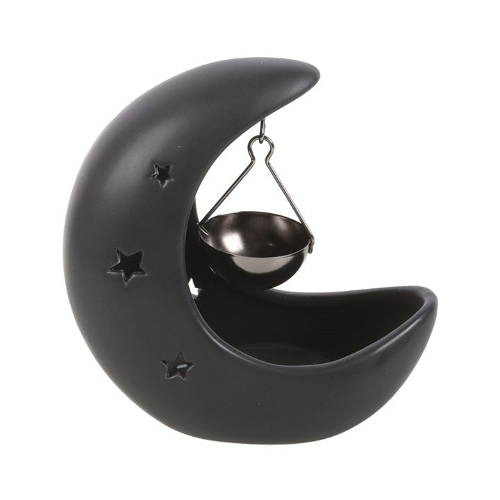 Black Crescent Moon Oil Burner with Hanging Dish | Celestial Aromatherapy Burner