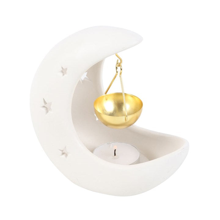 White Crescent Moon Oil Burner with Hanging Gold Dish | Celestial Aromatherapy Burner
