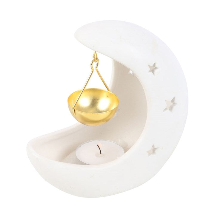 White Crescent Moon Oil Burner with Hanging Gold Dish | Celestial Aromatherapy Burner