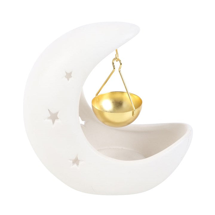 White Crescent Moon Oil Burner with Hanging Gold Dish | Celestial Aromatherapy Burner