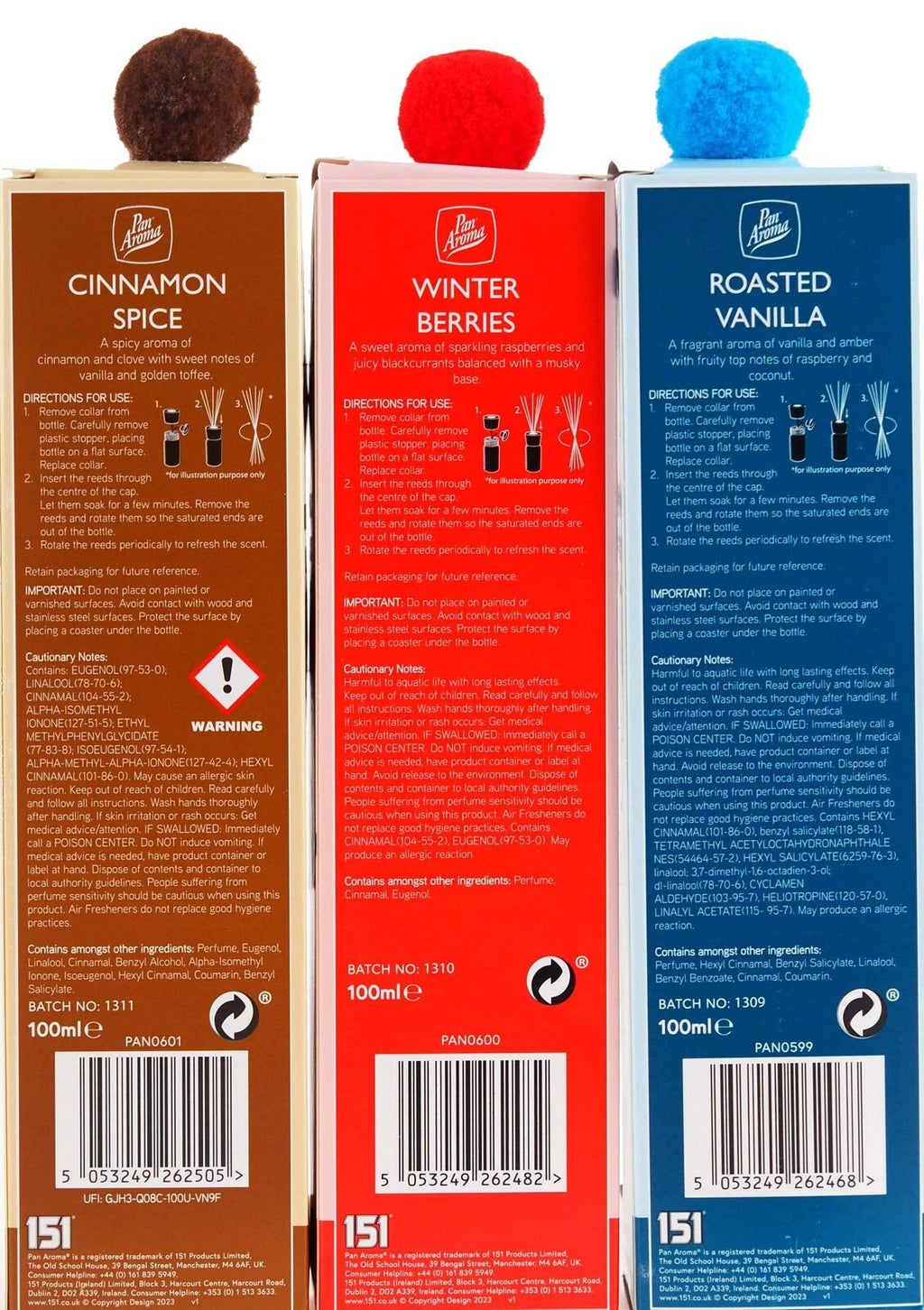 Pan Aroma Reed Diffuser Set of 3x100ml,Cinnamon,Berry,Vanilla