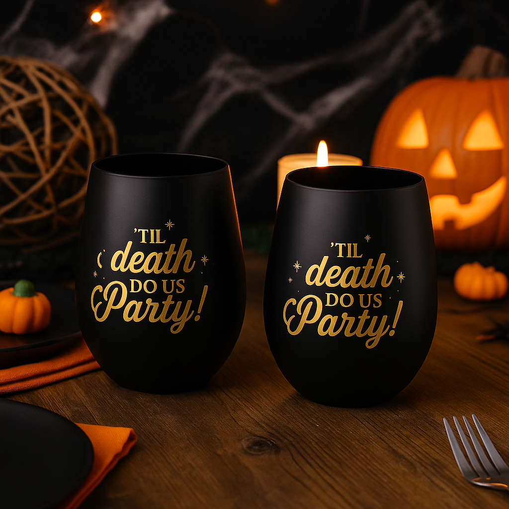 Till Death Do Us Party  Black Stemless Wine Glasses – Twin Pack