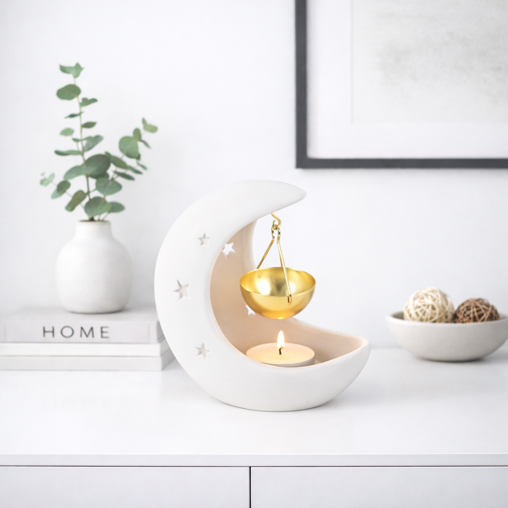 White Crescent Moon Oil Burner with Hanging Gold Dish | Celestial Aromatherapy Burner