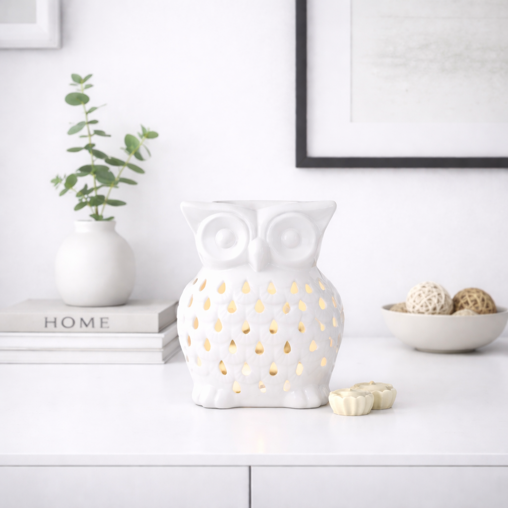 White Ceramic Owl Tealight Oil Burner & Wax Melt Warmer