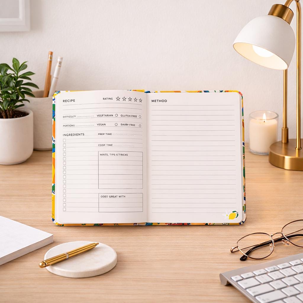 Italian Lemon Print A5 Recipe Journal, Mediterranean Kitchen Notebook, Food Lover Gift