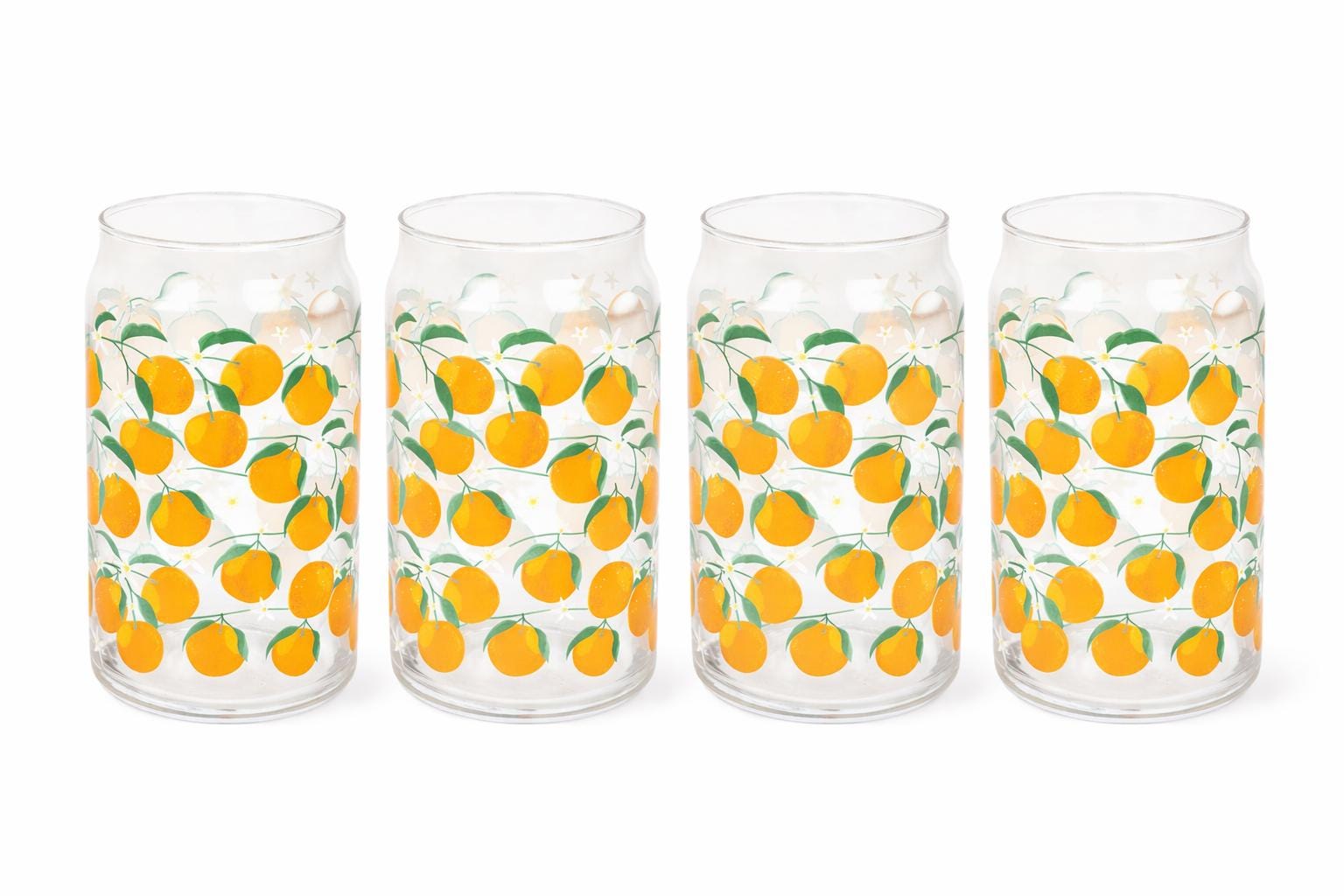 Set of 4 Orange Print Can Glasses, Citrus Drinkware, Summer Iced Coffee Cups