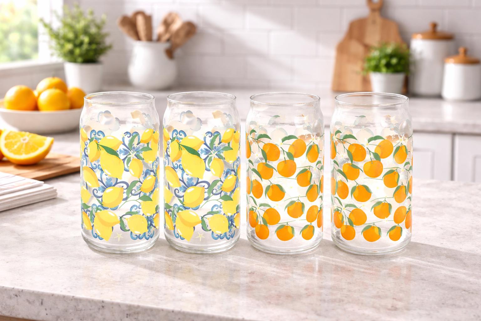 Set of 4 Citrus Can Shaped Glasses, Lemon & Orange Print Glass Set, Summer Drinkware