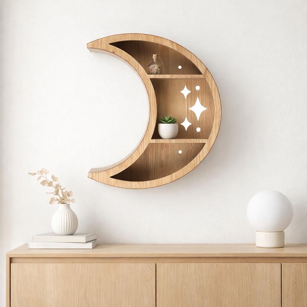 Wooden Crescent Moon Wall Shelf | Spiritual & Celestial Home Shelf | Nursery, Crystal or Altar Display