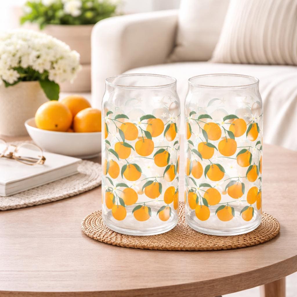 Pair of Orange Print Can Glasses, Citrus Drinkware, Iced Coffee Glass Set, Summer Kitchen Glass Cups