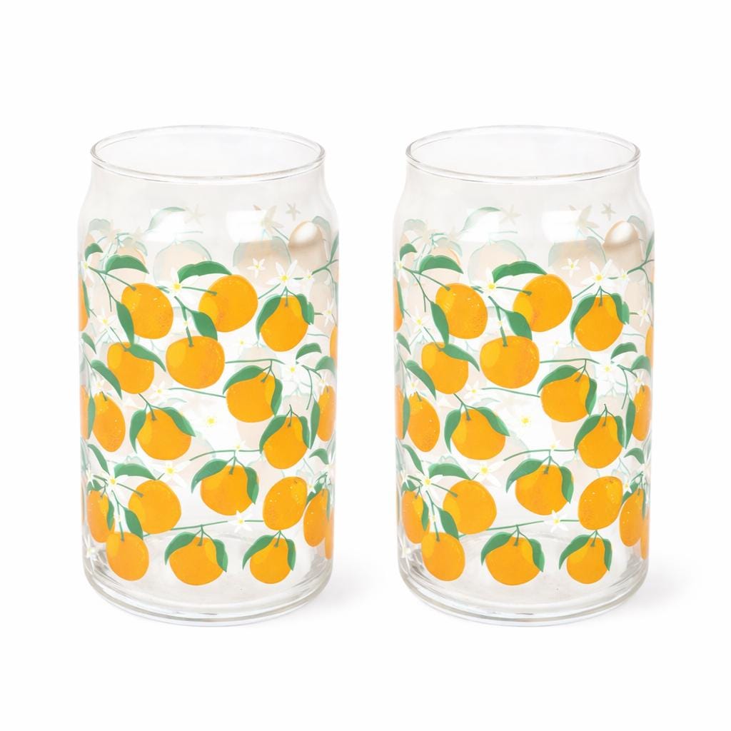 Pair of Orange Print Can Glasses, Citrus Drinkware, Iced Coffee Glass Set, Summer Kitchen Glass Cups
