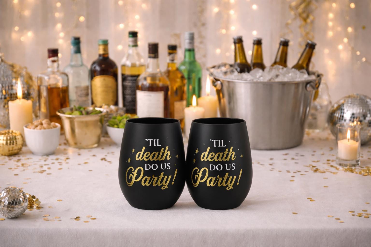 Till Death Do Us Party  Black Stemless Wine Glasses – Twin Pack