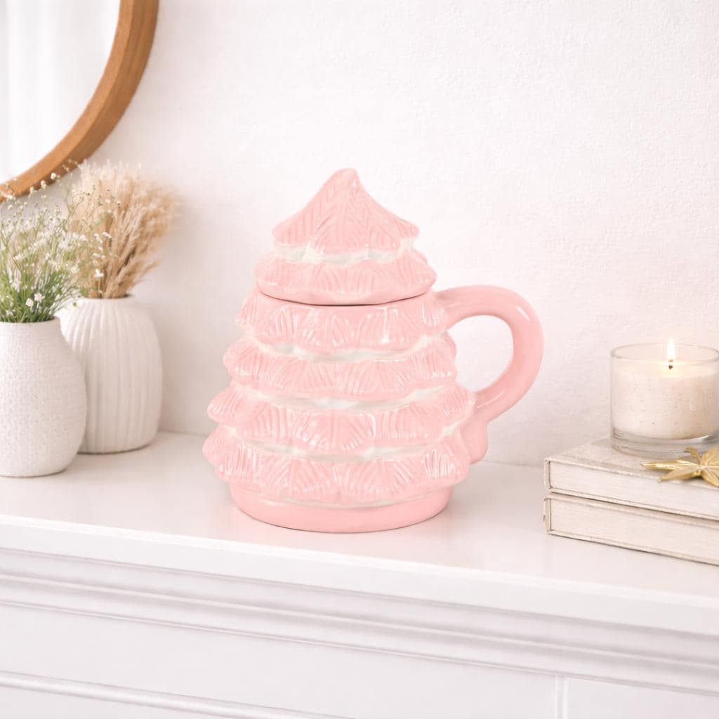 Pink Christmas Tree Mug with Lid | Ceramic Winter Drinkware