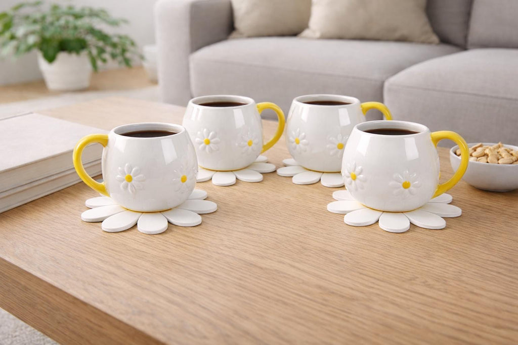 Set of 4 Daisy Rounded Mugs, Country Kitchen, Giftable