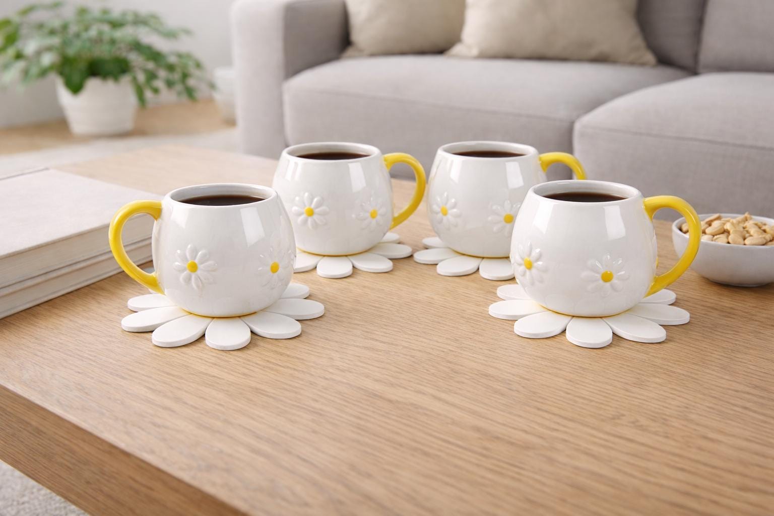 Set of 4 Daisy Rounded Mugs with Free Matching Coasters, Country Kitchen, Giftable