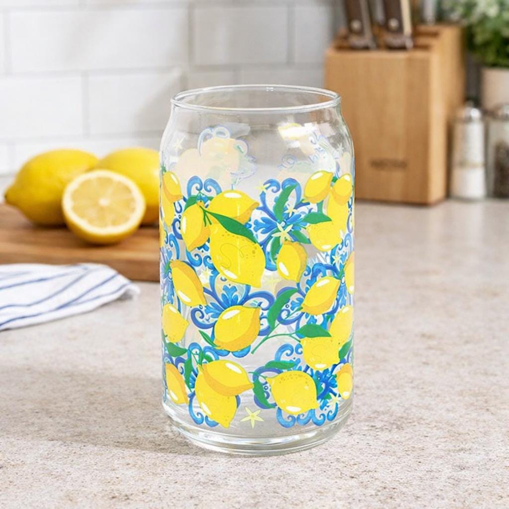 Lemon Print Can Style Glass, Summer Citrus Cup, Italian Kitchen Decor, Iced Coffee Glass