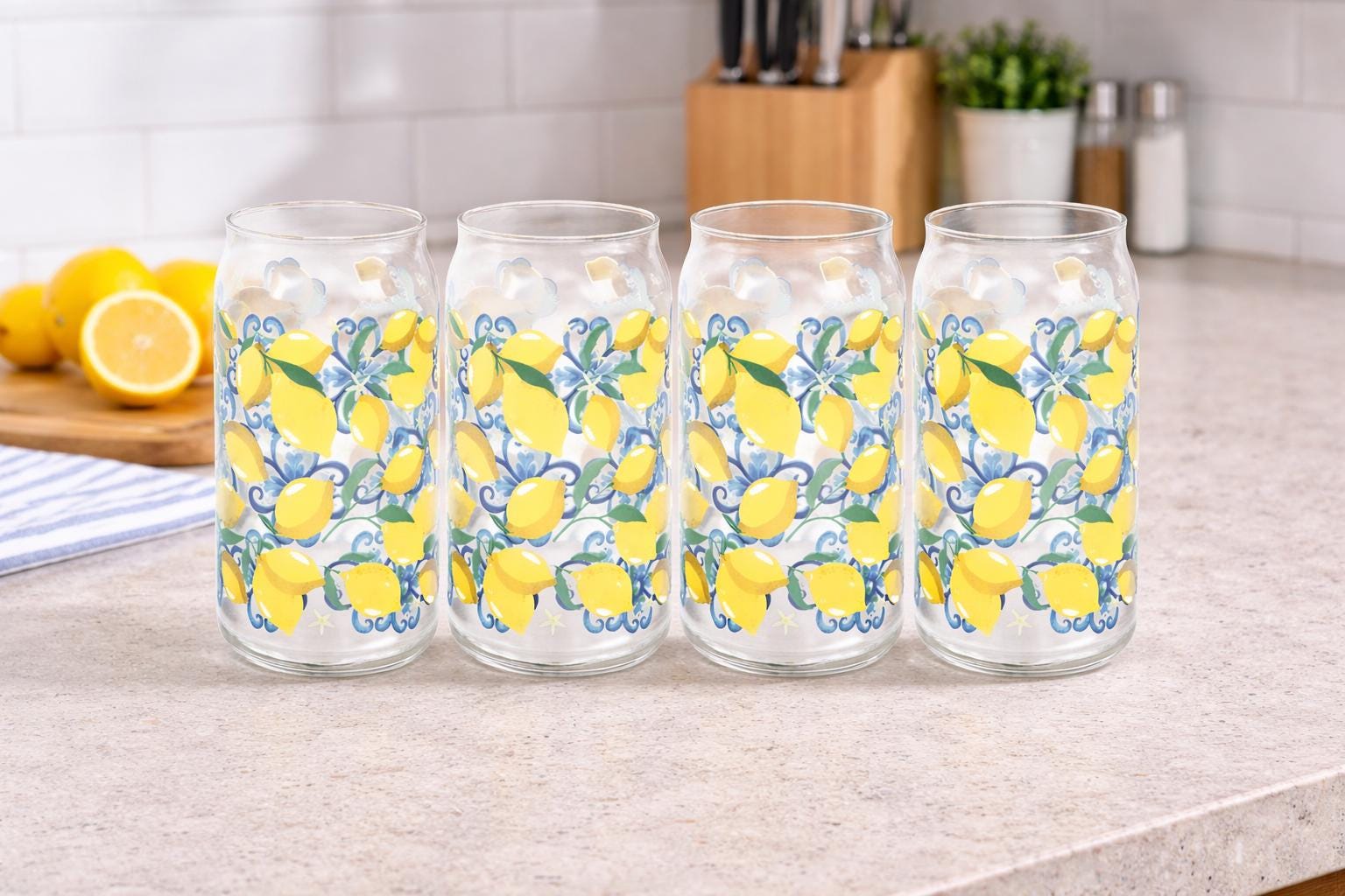 Set of 4 Lemon Print Can Glasses, Citrus Drinkware, Summer Iced Coffee Cups