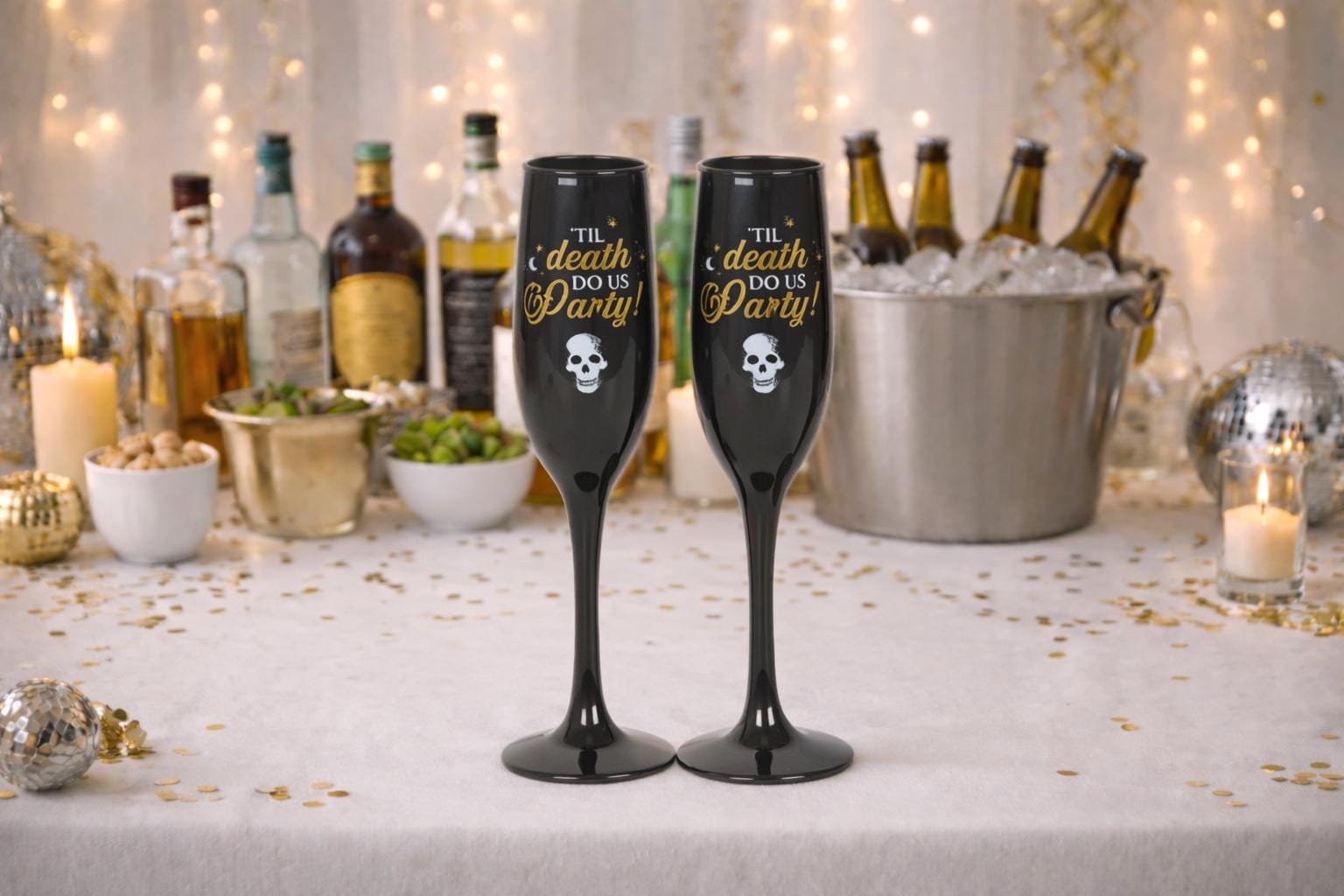 Til death do us party black and gold champagne flutes - Twin pack