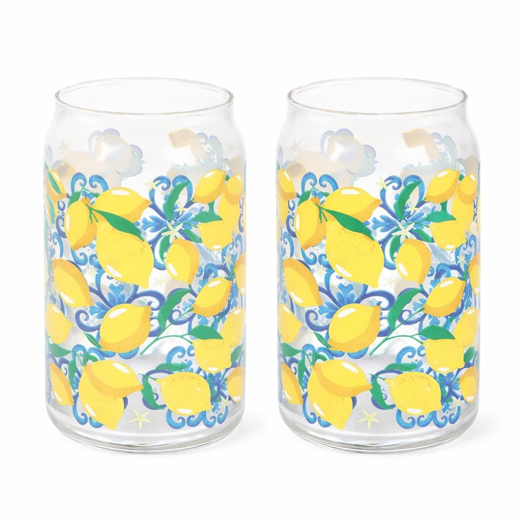 Pair of Lemon Print Can Glasses, Citrus Drinkware, Iced Coffee Glass Set, Summer Kitchen Glass Cups