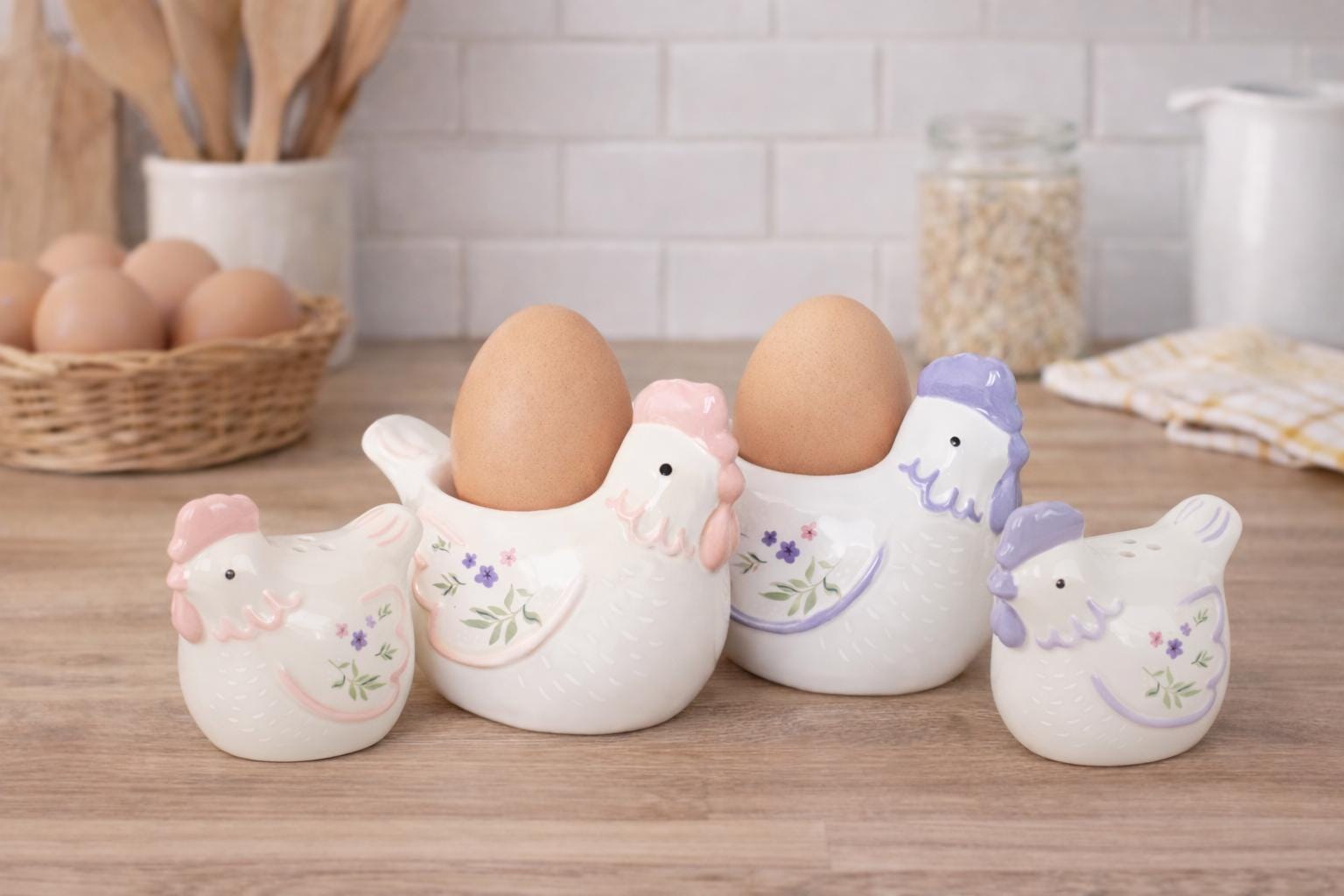 Ceramic Hen Egg Cups & Salt and Pepper Shakers Set, Farmhouse Breakfast Tableware, Kitchen Gift
