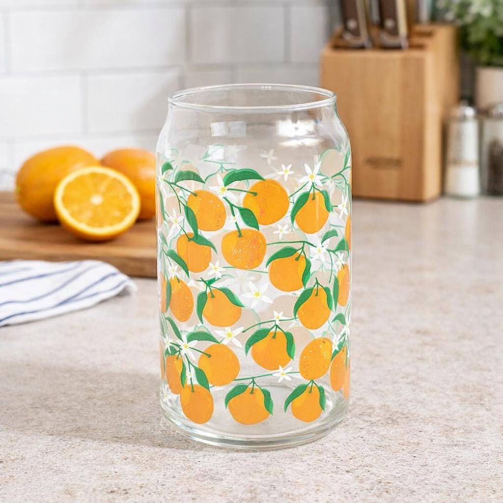 Orange Print Can Style Glass, Summer Orange Cup, Citrus Kitchen Decor, Iced Coffee Glass