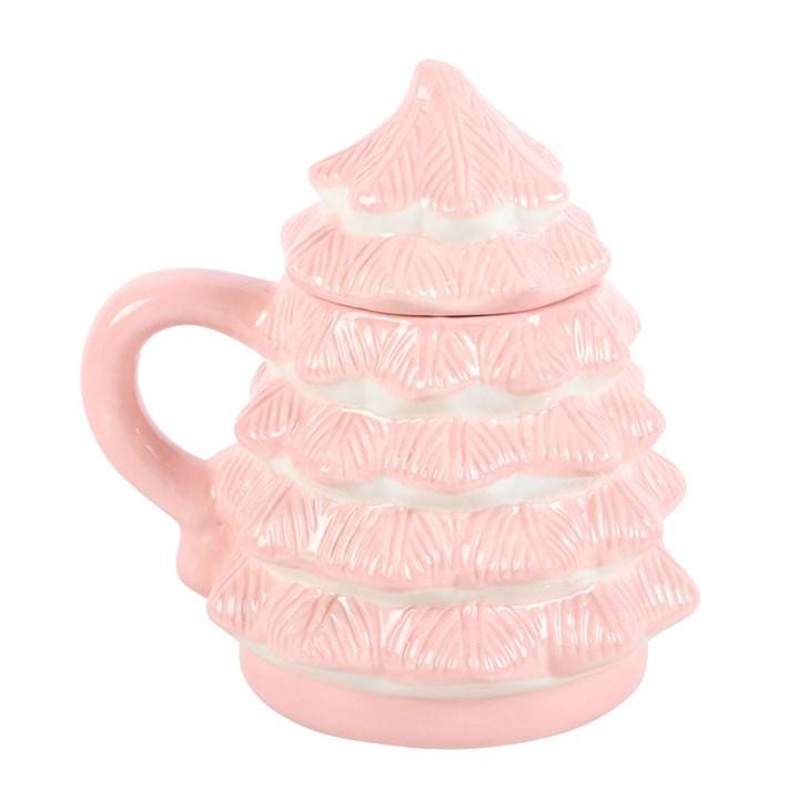 Pink Christmas Tree Mug with Lid | Ceramic Winter Drinkware