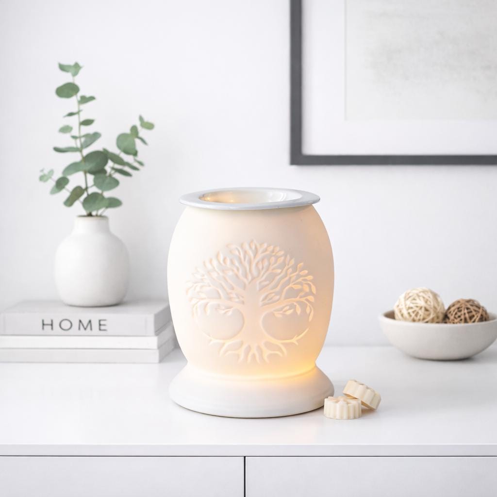 Tree of Life Electric Oil Burner – White Ceramic Wax Melt Warmer | Illuminated Spiritual Home Decor