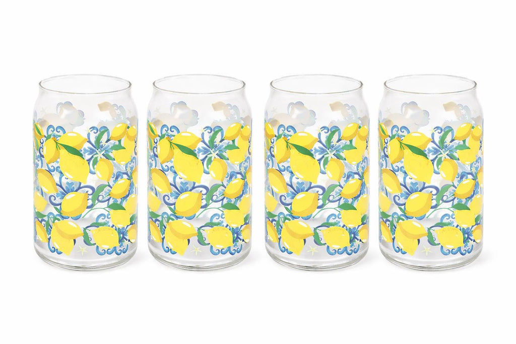 Set of 4 Lemon Print Can Glasses, Citrus Drinkware, Summer Iced Coffee Cups