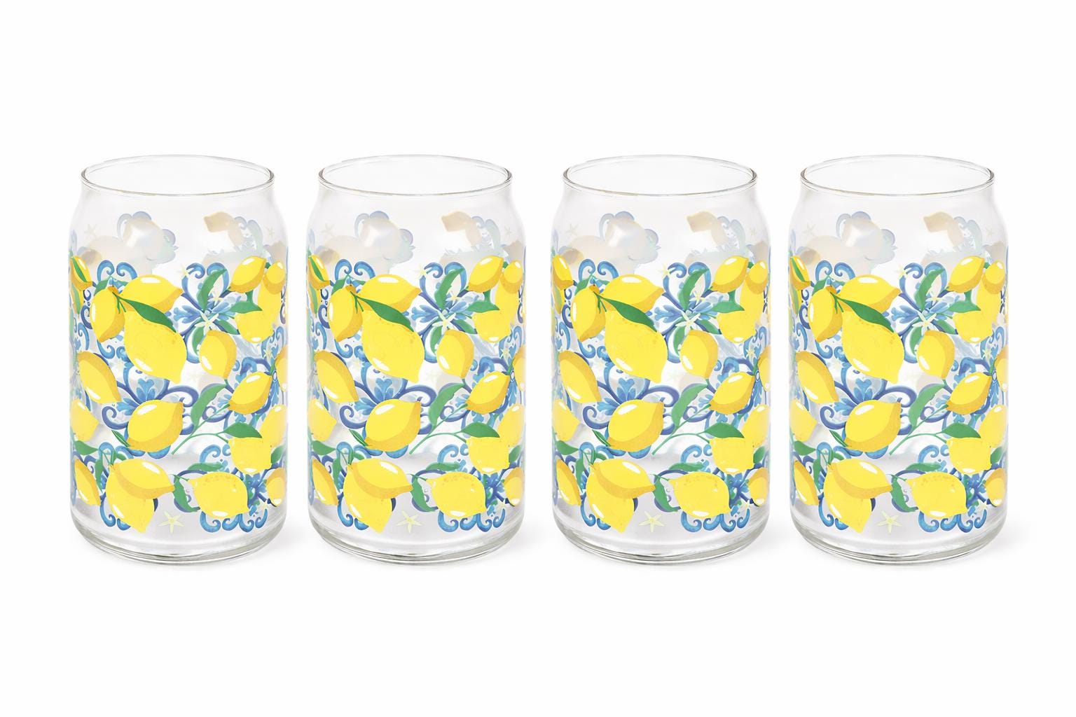 Set of 4 Lemon Print Can Glasses, Citrus Drinkware, Summer Iced Coffee Cups
