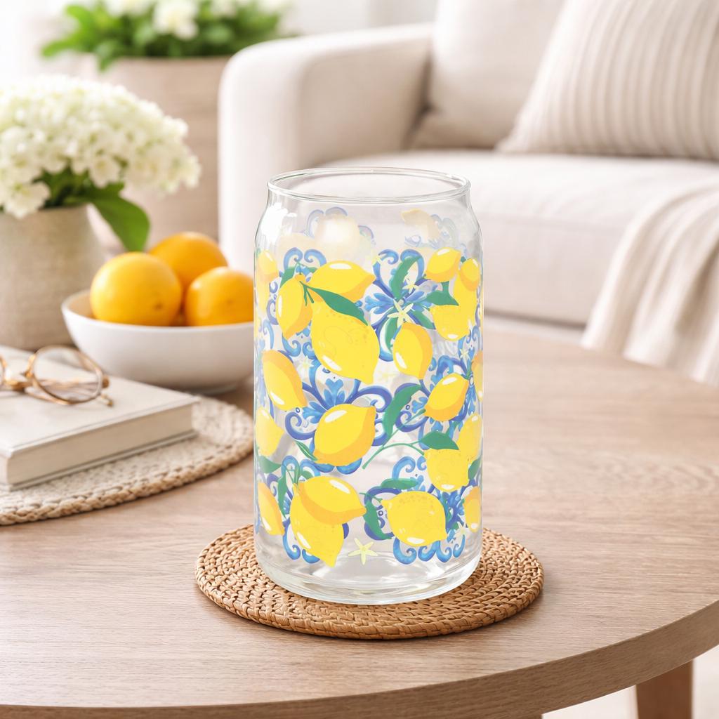 Lemon Print Can Style Glass, Summer Citrus Cup, Italian Kitchen Decor, Iced Coffee Glass