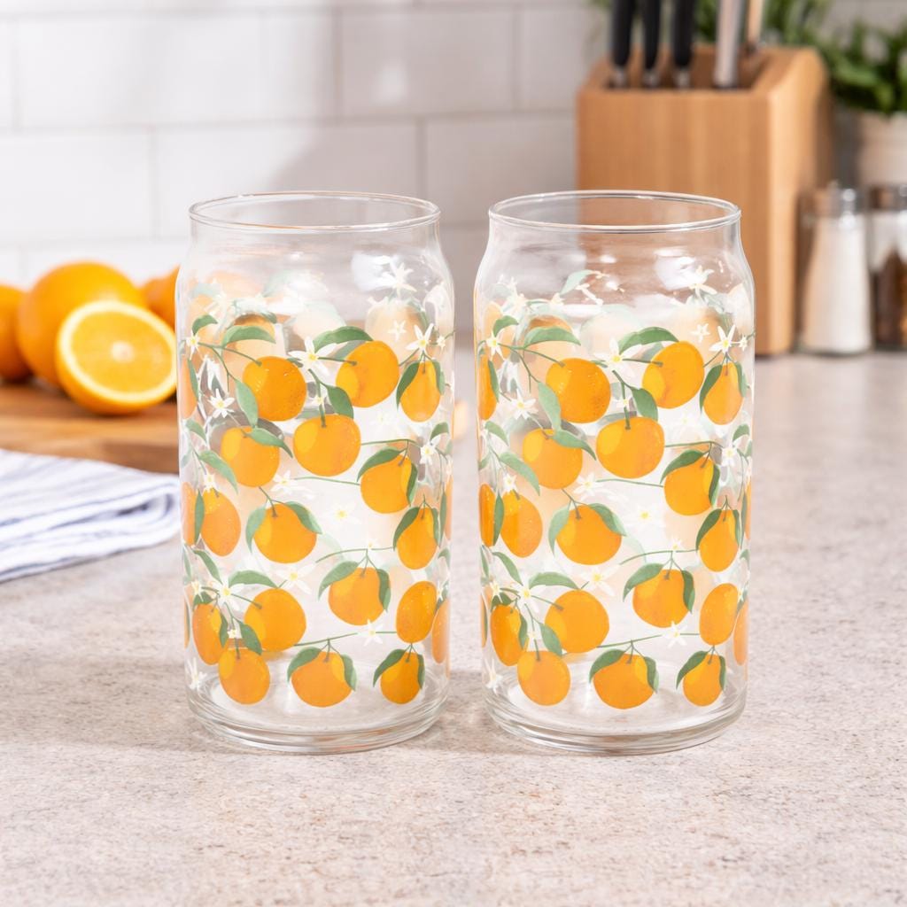 Pair of Orange Print Can Glasses, Citrus Drinkware, Iced Coffee Glass Set, Summer Kitchen Glass Cups