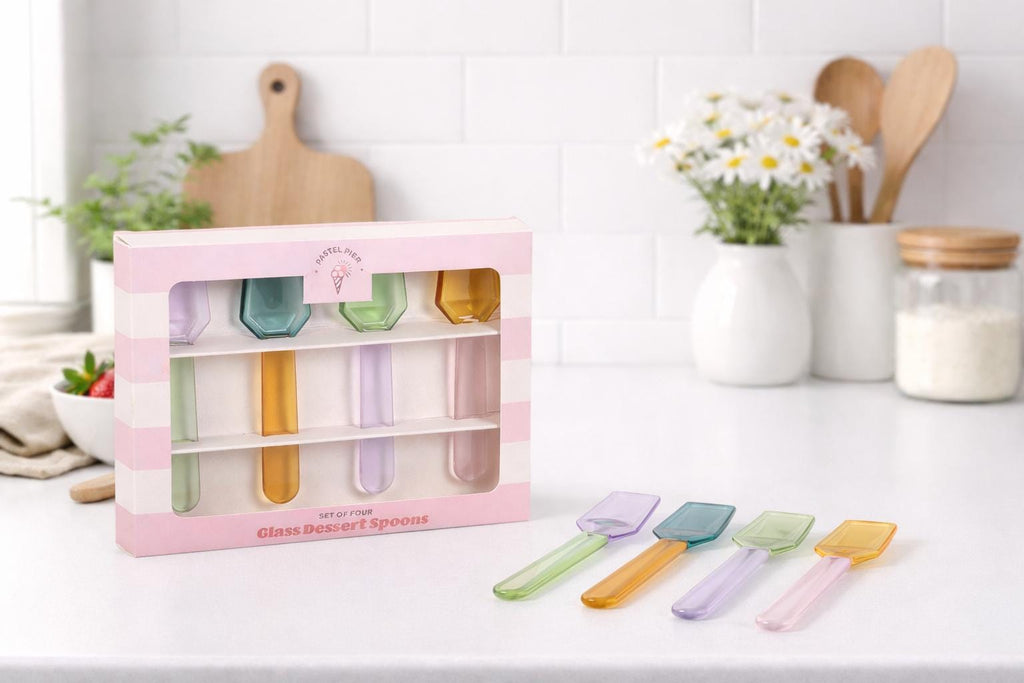 Set of 4 Pastel Glass Dessert Spoons | Colourful Ice Cream Spoons | Tableware Gift