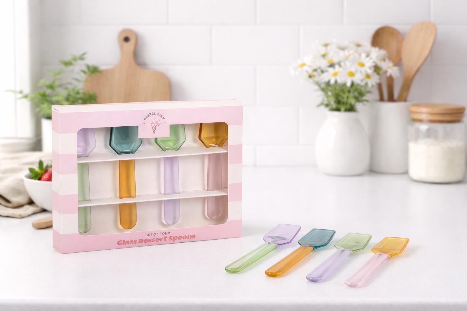 Set of 4 Pastel Glass Dessert Spoons | Colourful Ice Cream Spoons | Tableware Gift