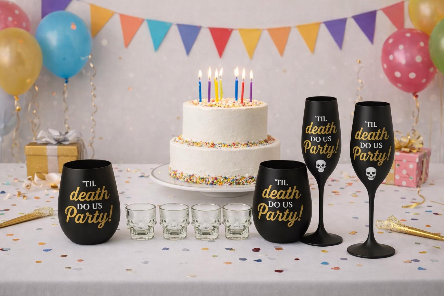Til Death Do Us Party Glassware Gift Set | Champagne Flutes Wine Glasses & Skull Shot Glasses