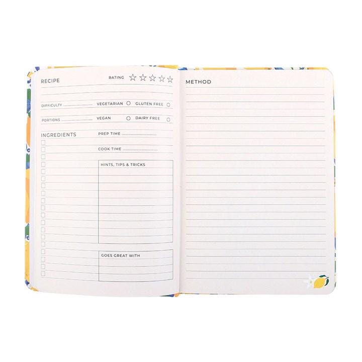 Italian Lemon Print A5 Recipe Journal, Mediterranean Kitchen Notebook, Food Lover Gift