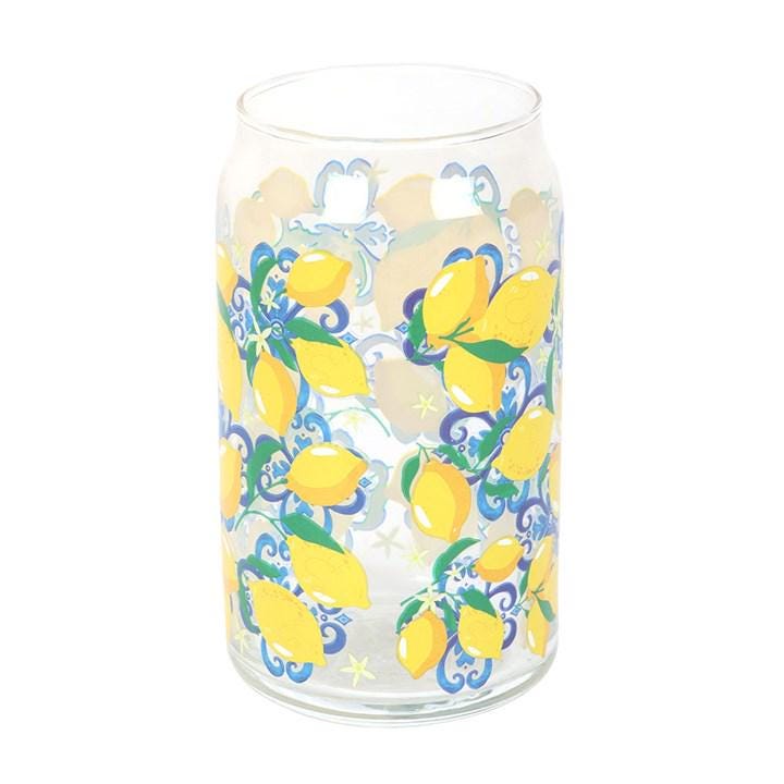 Lemon Print Can Style Glass, Summer Citrus Cup, Italian Kitchen Decor, Iced Coffee Glass