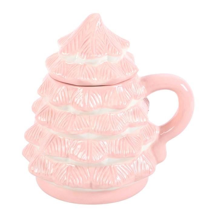 Pink Christmas Tree Mug with Lid | Ceramic Winter Drinkware