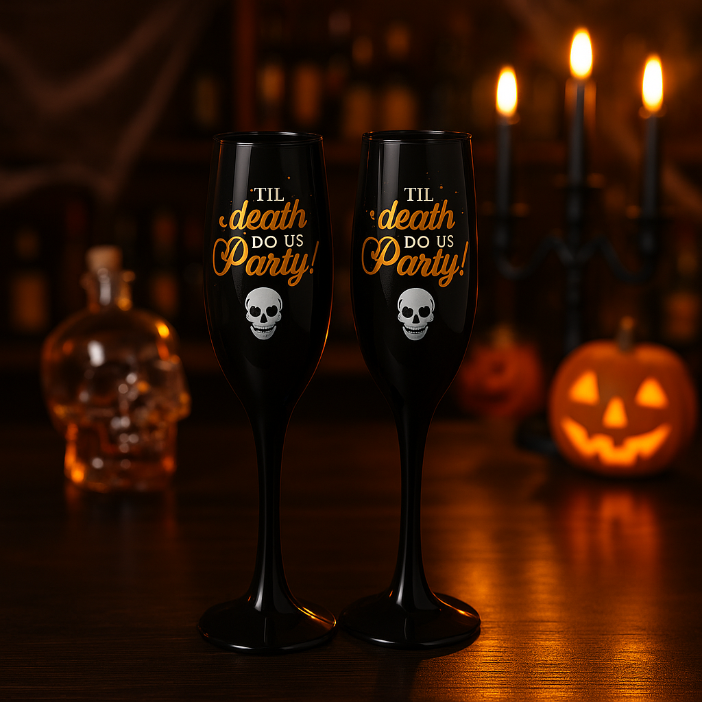 Til death do us party black and gold champagne flutes - Twin pack